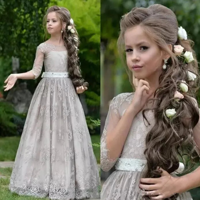 Girls A-Line O Neck Half Sleeves Long Weddings/Communion Gowns childrensterritory