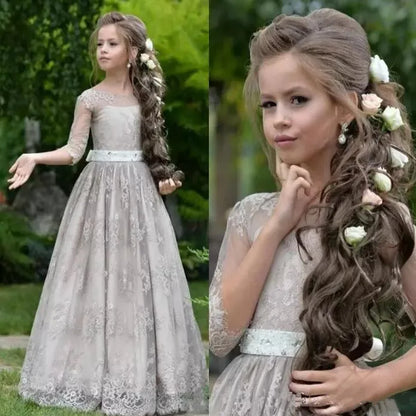 Girls A-Line O Neck Half Sleeves Long Weddings/Communion Gowns childrensterritory