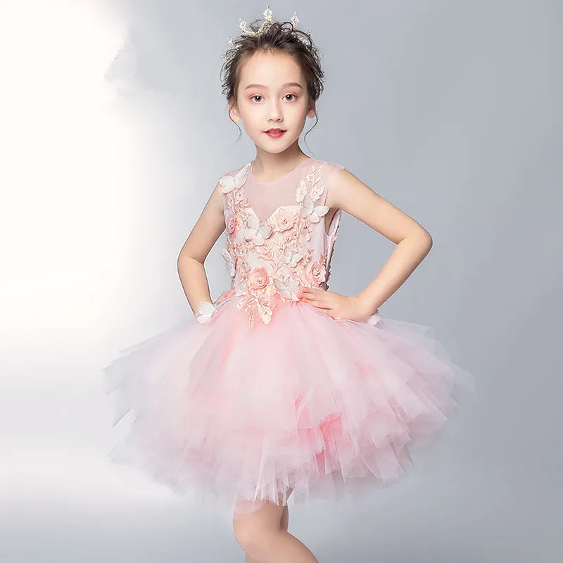 Baby/Kids Girls Pink Tulle Trailing Princess Gown