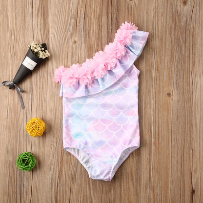 One Shoulder Ruffles Kids Girls Bikini Swimwear childrensterritory