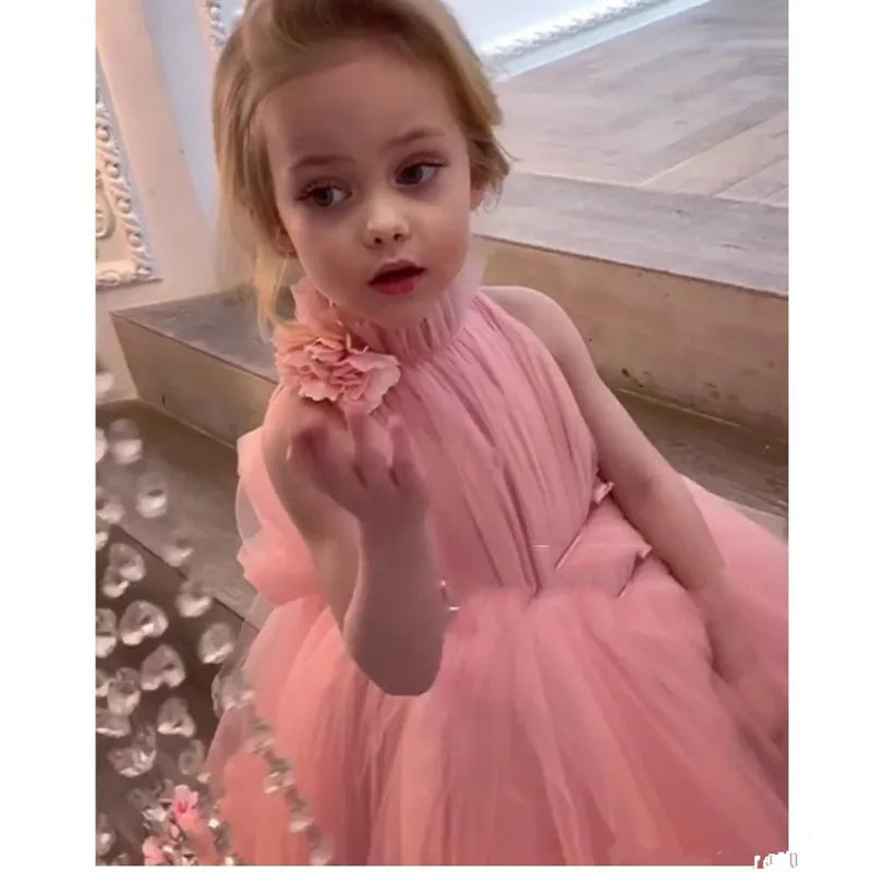 Puffy High Neck Kids Girls Party Dresses with Long Train childrensterritory