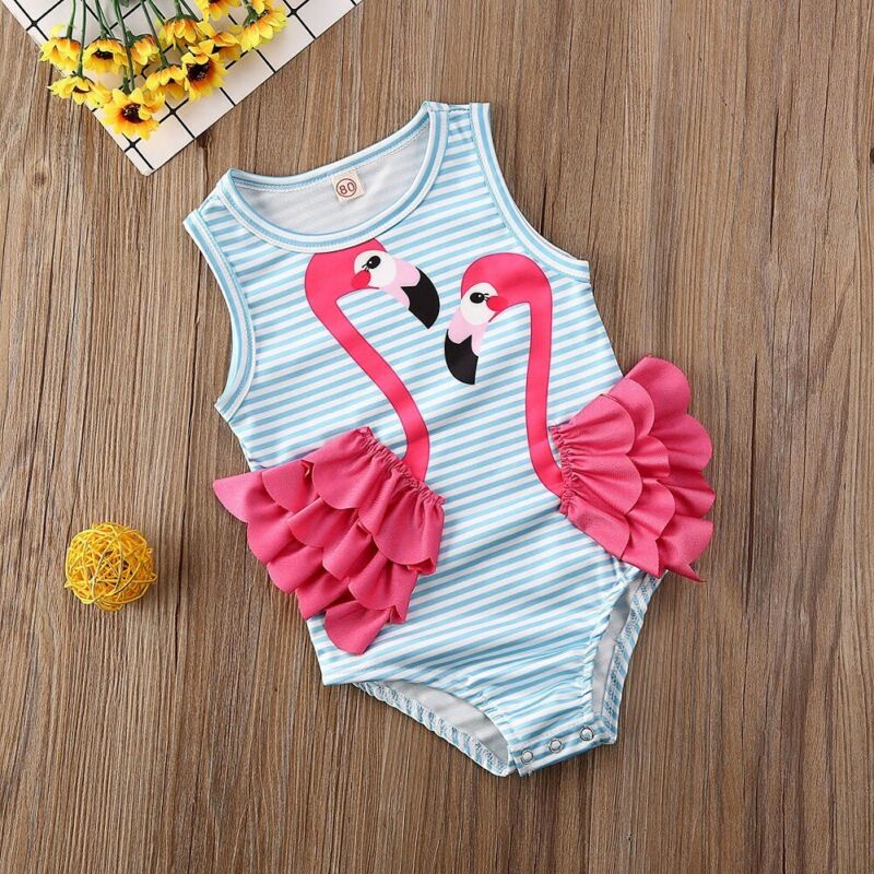 Toddler Girl Ruffle Flamingo Print Sleeveless Swimsuit childrensterritory