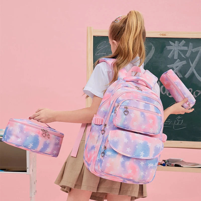 Kids Girls Stars Print School Backpack with Lunch Box and Pencil Case