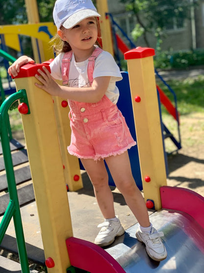 Kids Girls Pink Denim Suspender Shorts and White Top Clothing Set childrensterritory