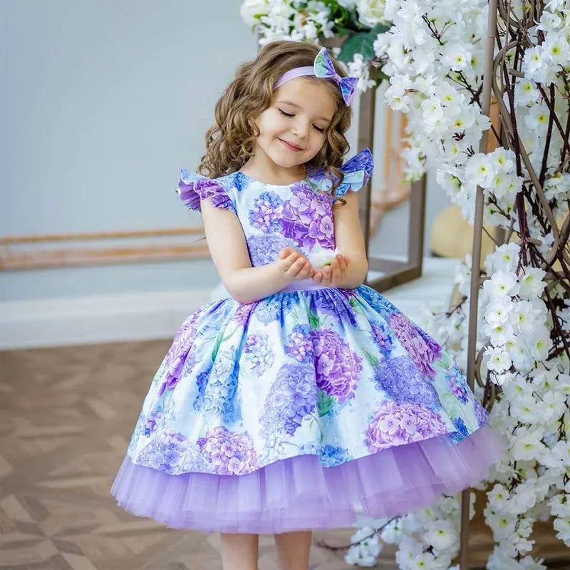 Kids Girls Floral Print Princess Dress With Bow Headband childrensterritory