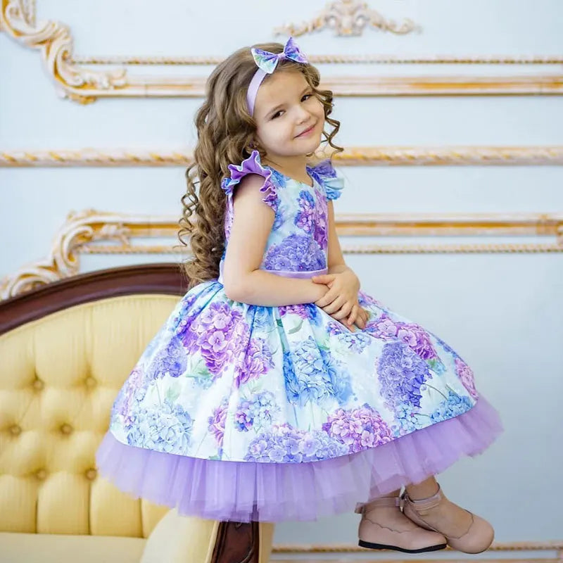 Kids Girls Floral Print Princess Dress With Bow Headband childrensterritory