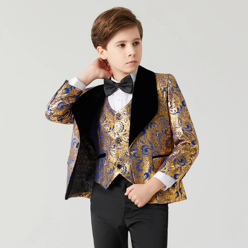 Kids Boy 3PCS Floral Design Blue Gold Communion Suit childrensterritory