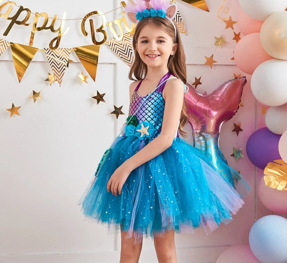 Kids Girls Mermaid Style Fancy Tutu Party Dress with Headband childrensterritory