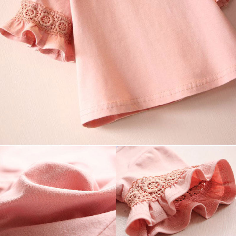 Kids Girls Round Neck Lace Trumpet Sleeve Summer Tops childrensterritory