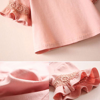 Kids Girls Round Neck Lace Trumpet Sleeve Summer Tops childrensterritory