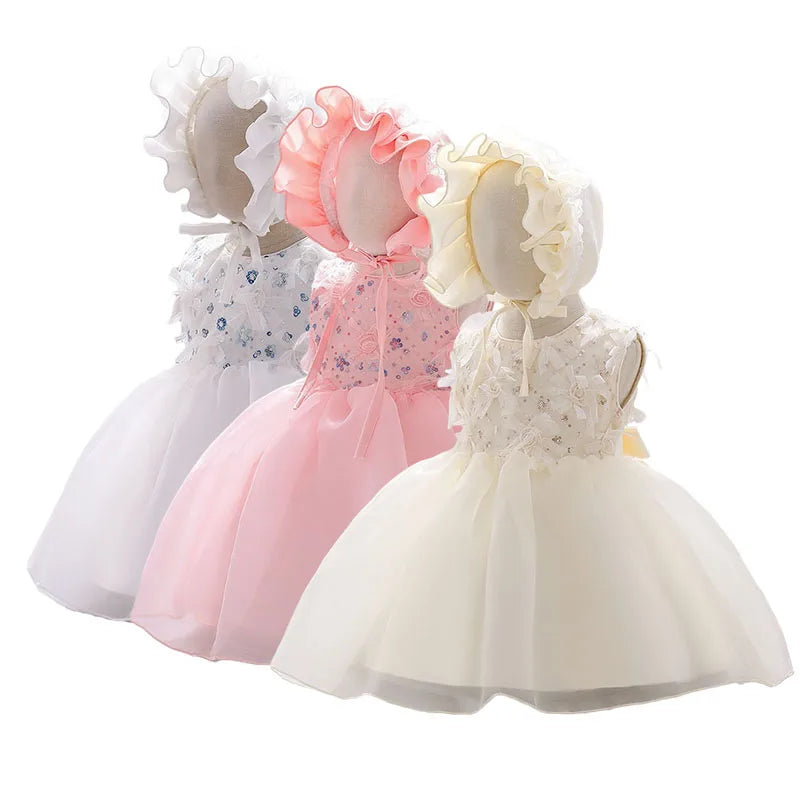 Baby Girls Sequined Top Flower Dress and Hat For Wedding or Baptism