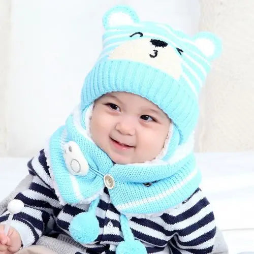 Cartoon Bear Striped Knit Woolen Scarf Cap for Baby childrensterritory