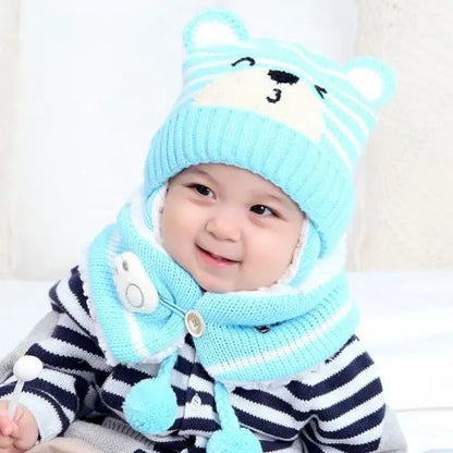 Cartoon Bear Striped Knit Woolen Scarf Cap for Baby childrensterritory