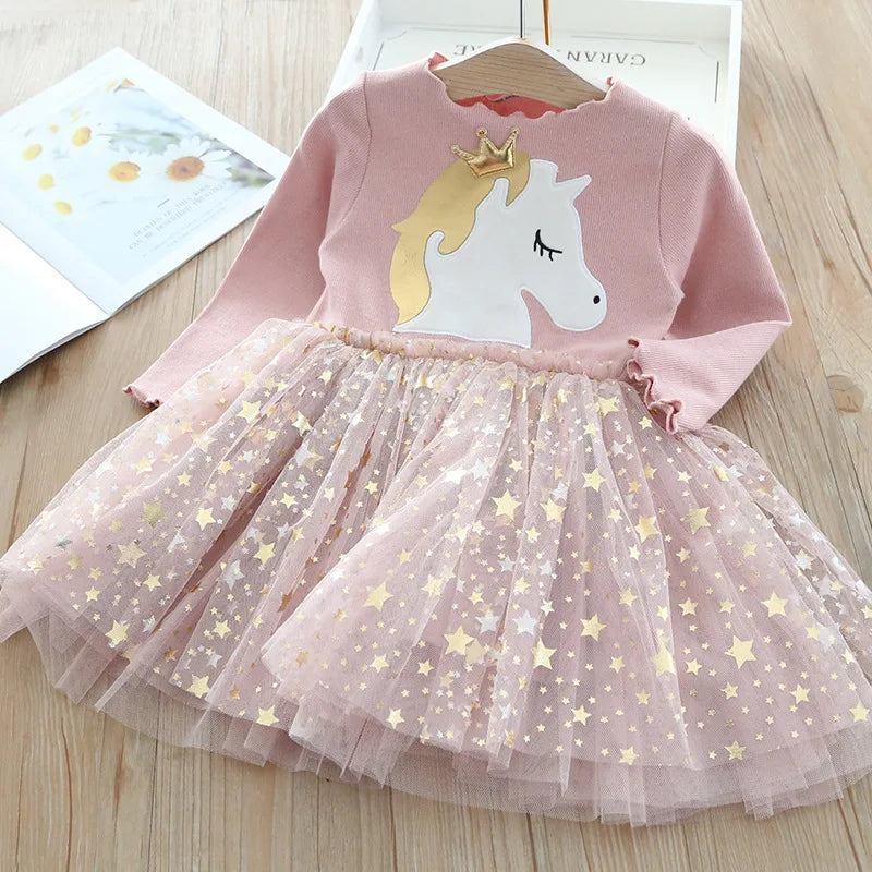 Kids Girls Unicorn Design Sequin Mesh Princess Dresses