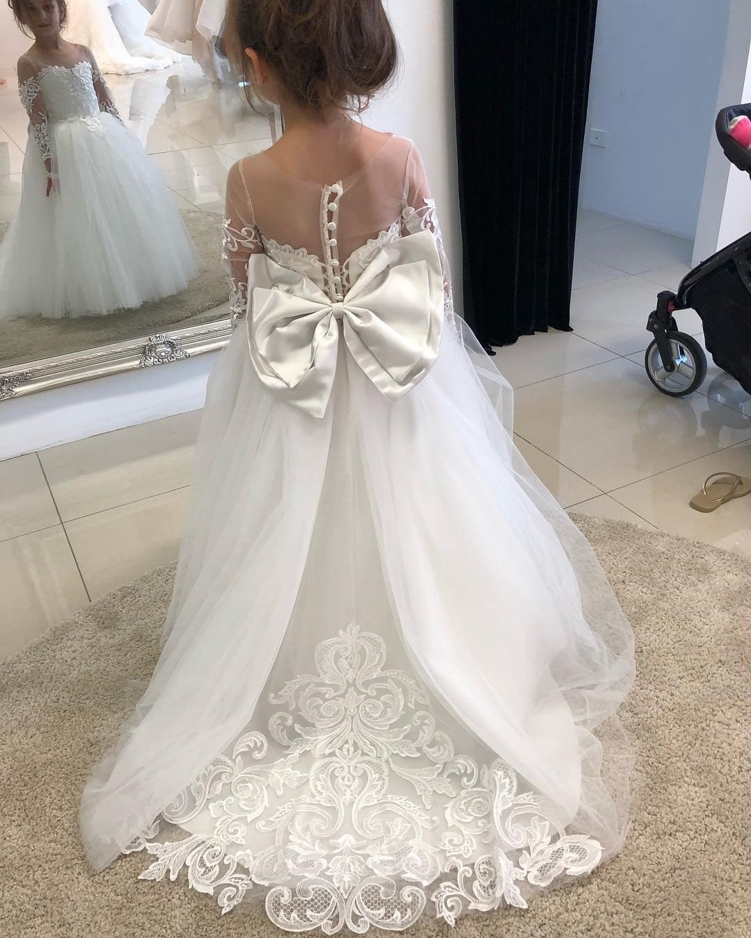 Kids Girls Backless Tutu Wedding Party Dresses with Long Train childrensterritory