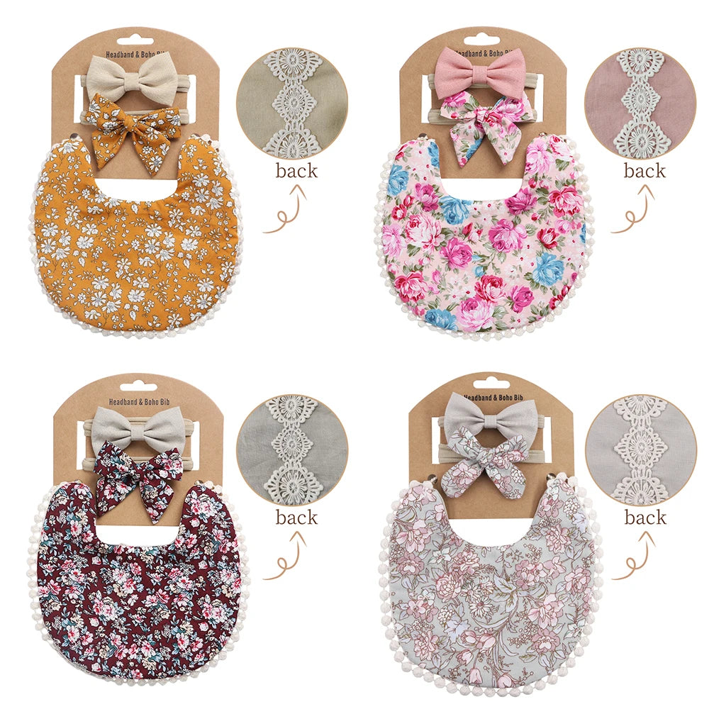 4Sets/Lot Floral Infant Burp Clothes with Bow Tie Headband childrensterritory