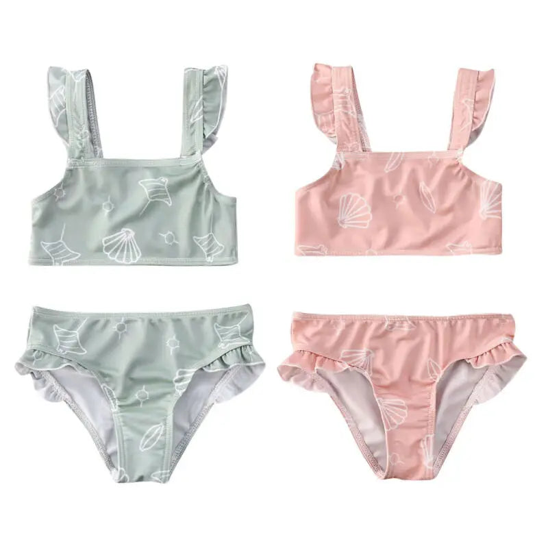 Baby Girls Cute Print Ruffle Top+Bottom Swimsuit