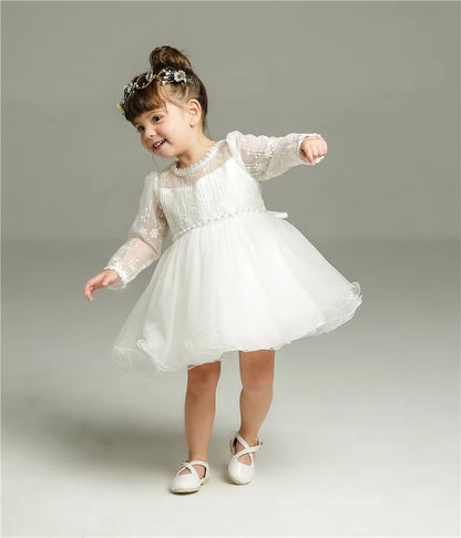 Little Girls Bow Lace Design White Baptism/Bridesmaid Dresses