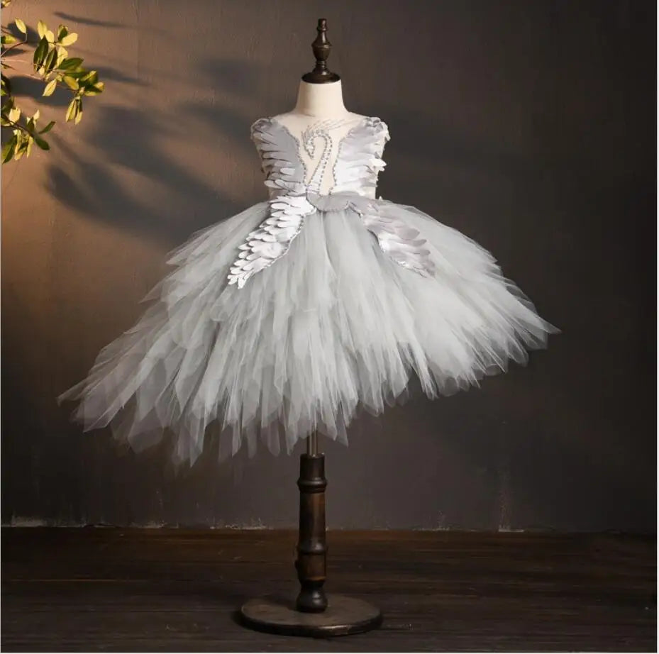 Kids Girls Elegant Crystal Swan Design Pageant Dress with Trail childrensterritory