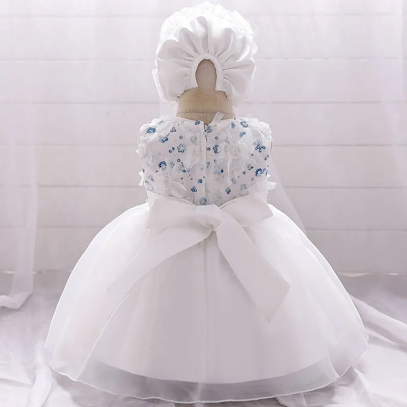 Baby Girls Sequined Top Flower Dress and Hat For Wedding or Baptism