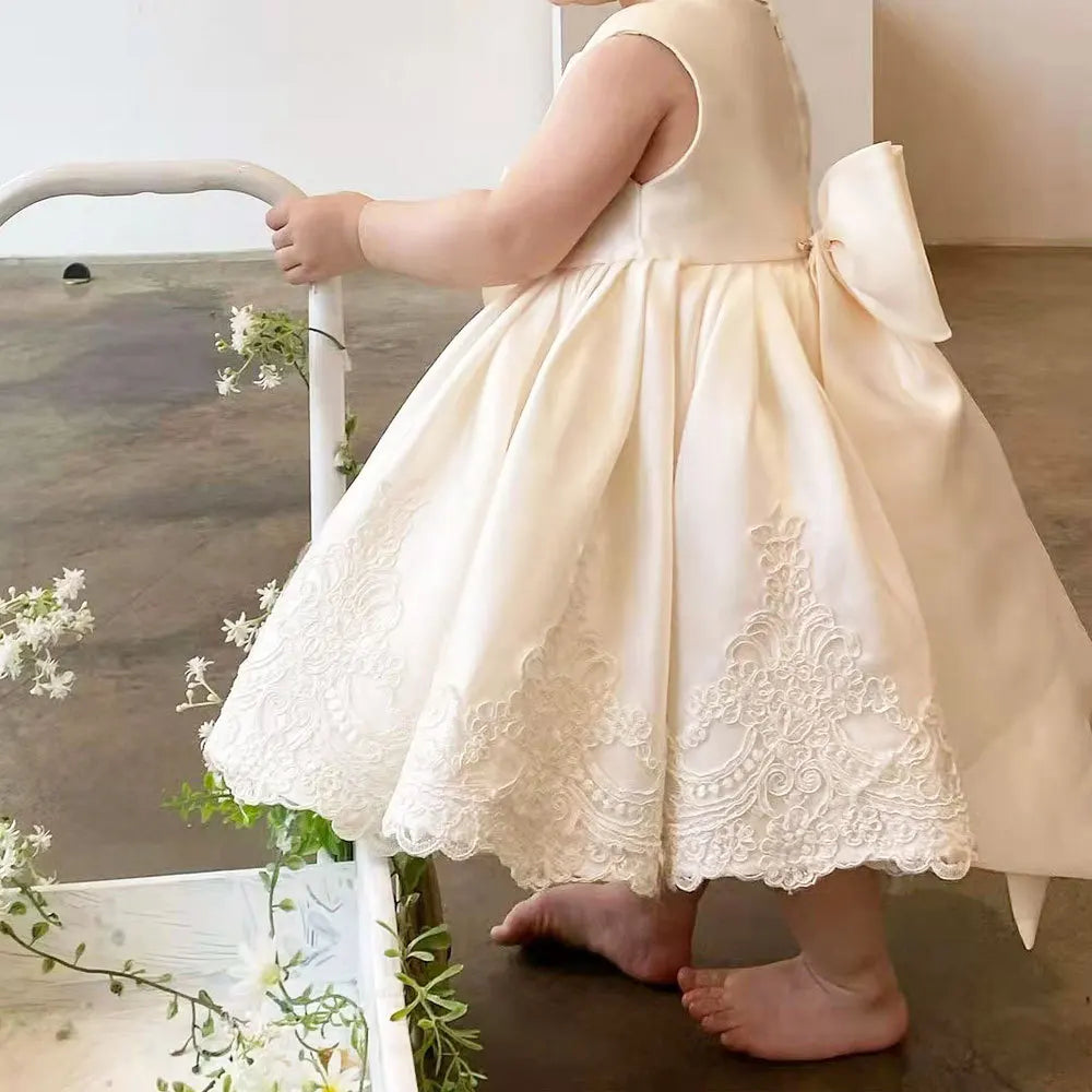 Sleeveless Bow Design Solid Lace Party Dresses For Girls childrensterritory
