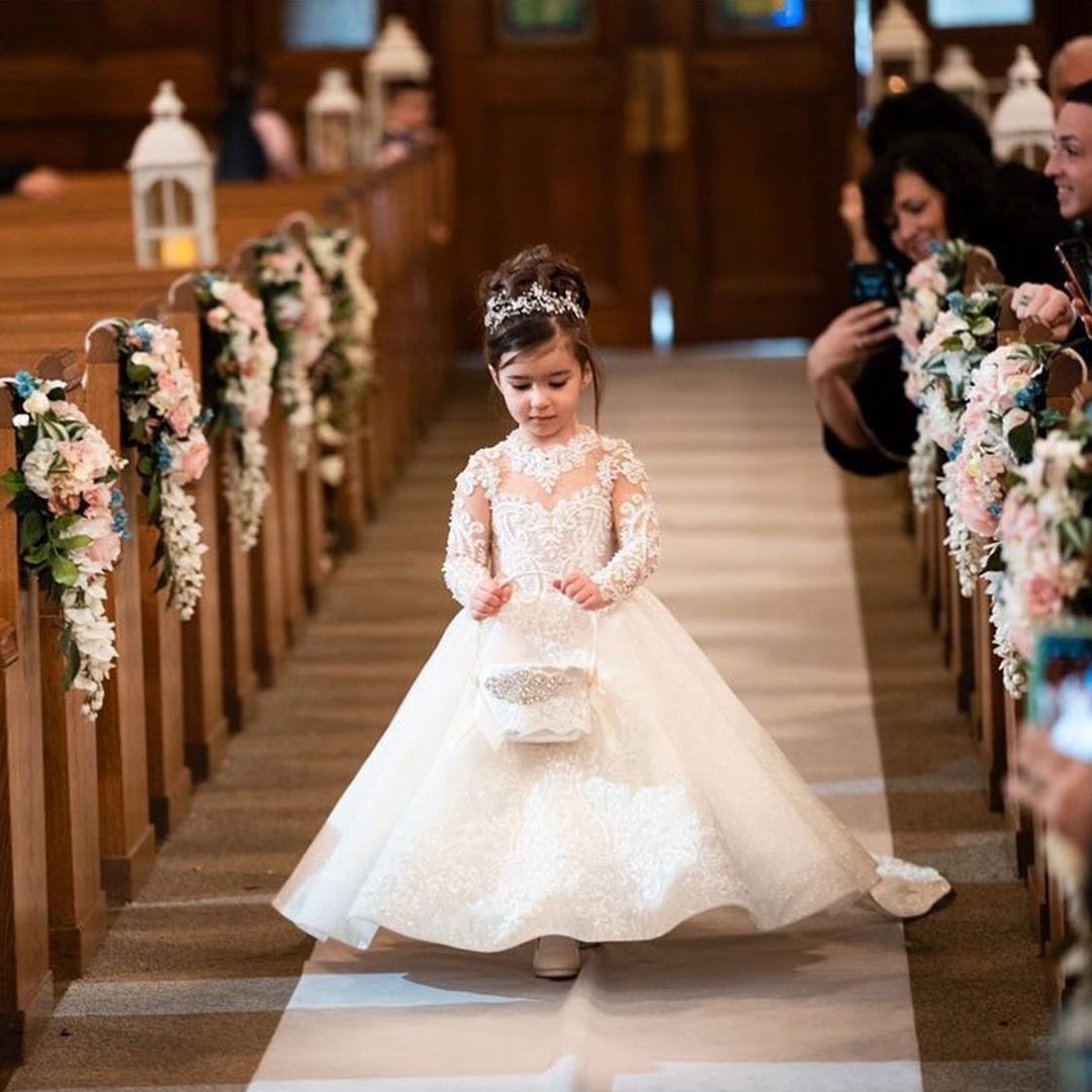 Kids Girls Vintage Embroidered Gown with Bow for Wedding Party childrensterritory