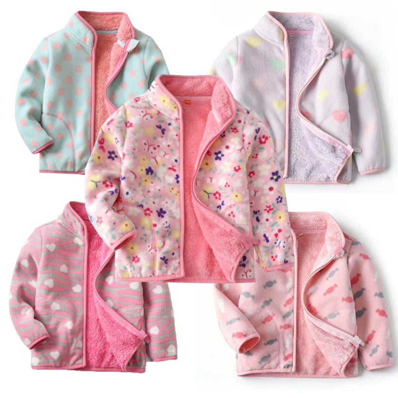 Kids Girls Warm Fleece Flowers Print Zipper Jackets