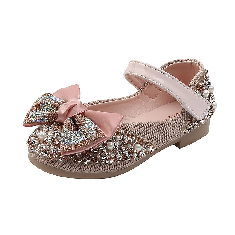 Girls Princess Bow Rhinestone Design Leather Shoes