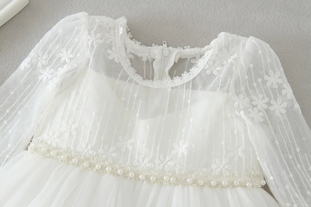 Little Girls Bow Lace Design White Baptism/Bridesmaid Dresses