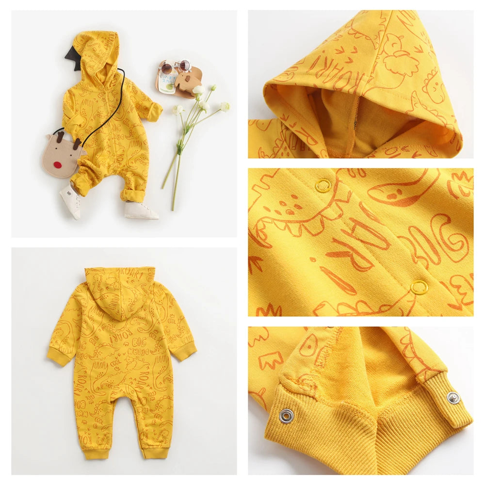 Dinosaur Print Baby Boys Long Sleeve Hooded Rompers