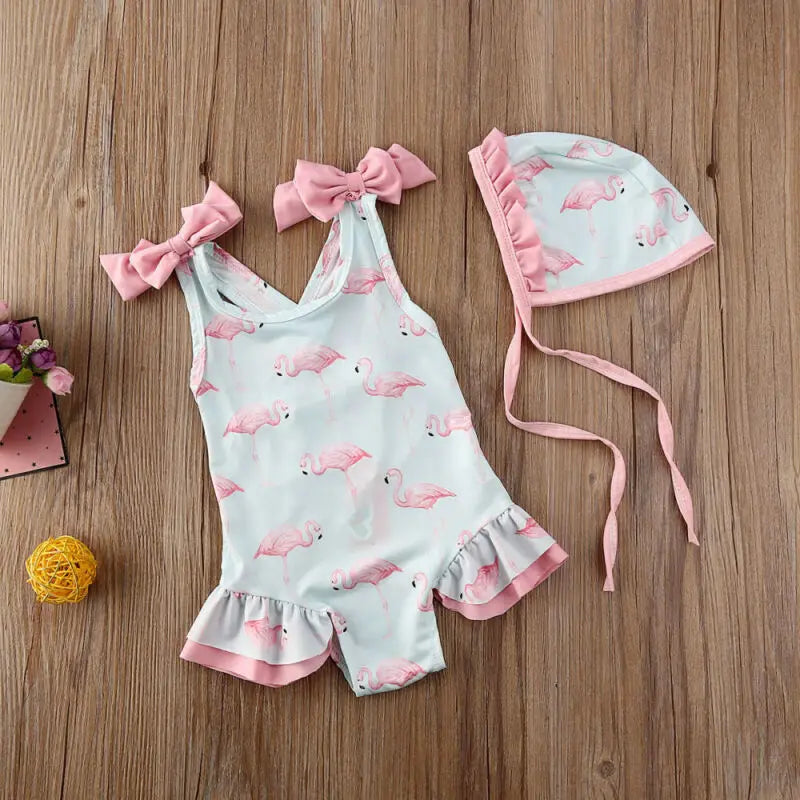 Little Girls Flamingo Print Backless Onepiece Swimsuit And Hat Set