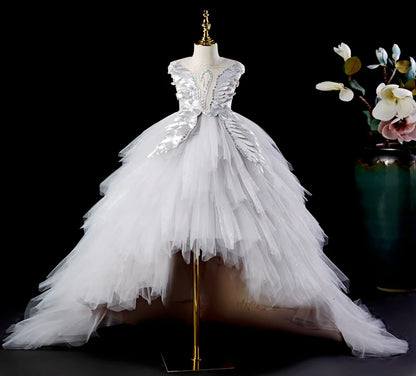 Kids Girls Elegant Crystal Swan Design Pageant Dress with Trail childrensterritory