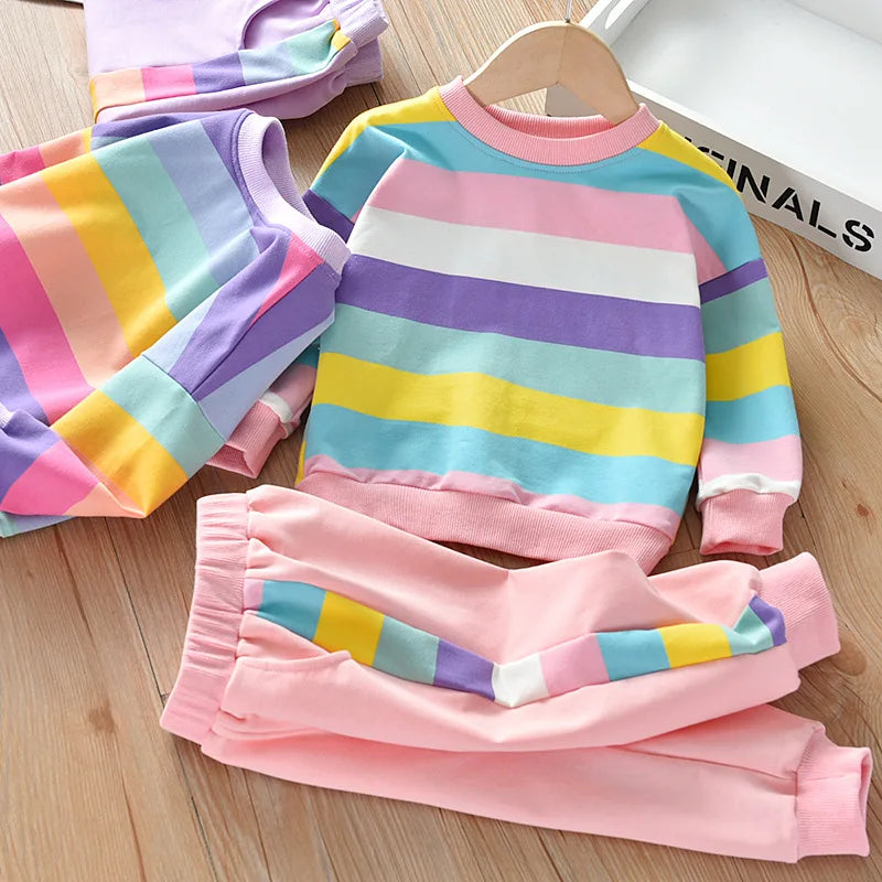 Little Girls Rainbow Striped Design Causal Sport Clothing Sets childrensterritory