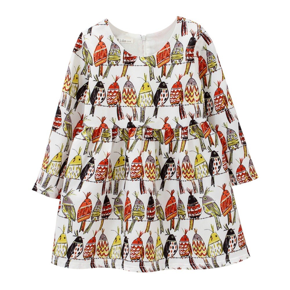 Flower Birds Printing Long Sleeve Princess Girl Dresses childrensterritory