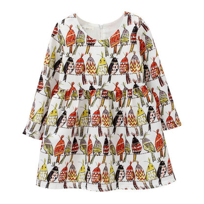 Flower Birds Printing Long Sleeve Princess Girl Dresses childrensterritory