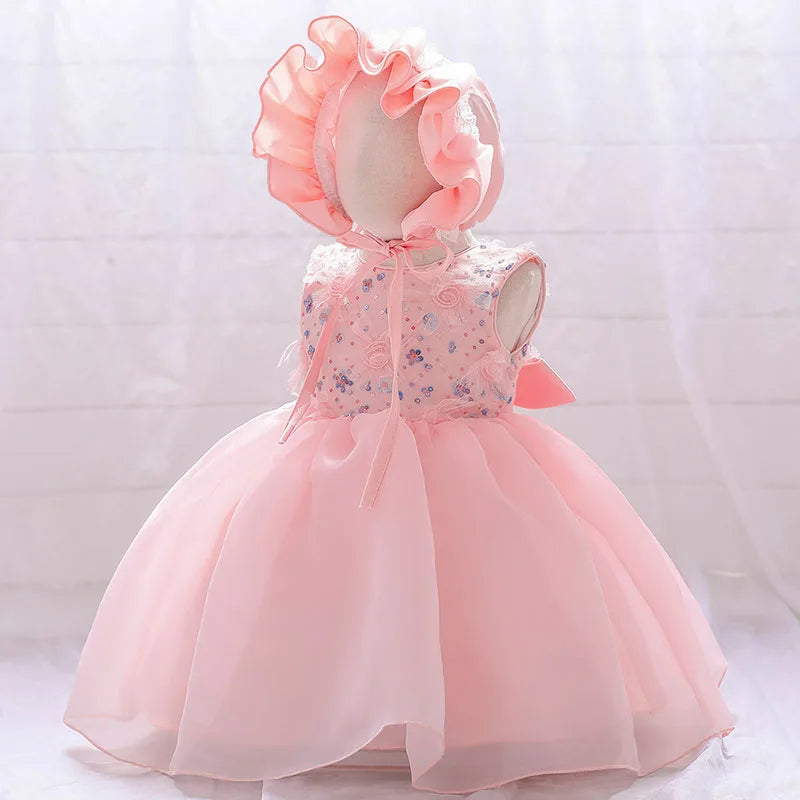 Baby Girls Sequined Top Flower Dress and Hat For Wedding or Baptism