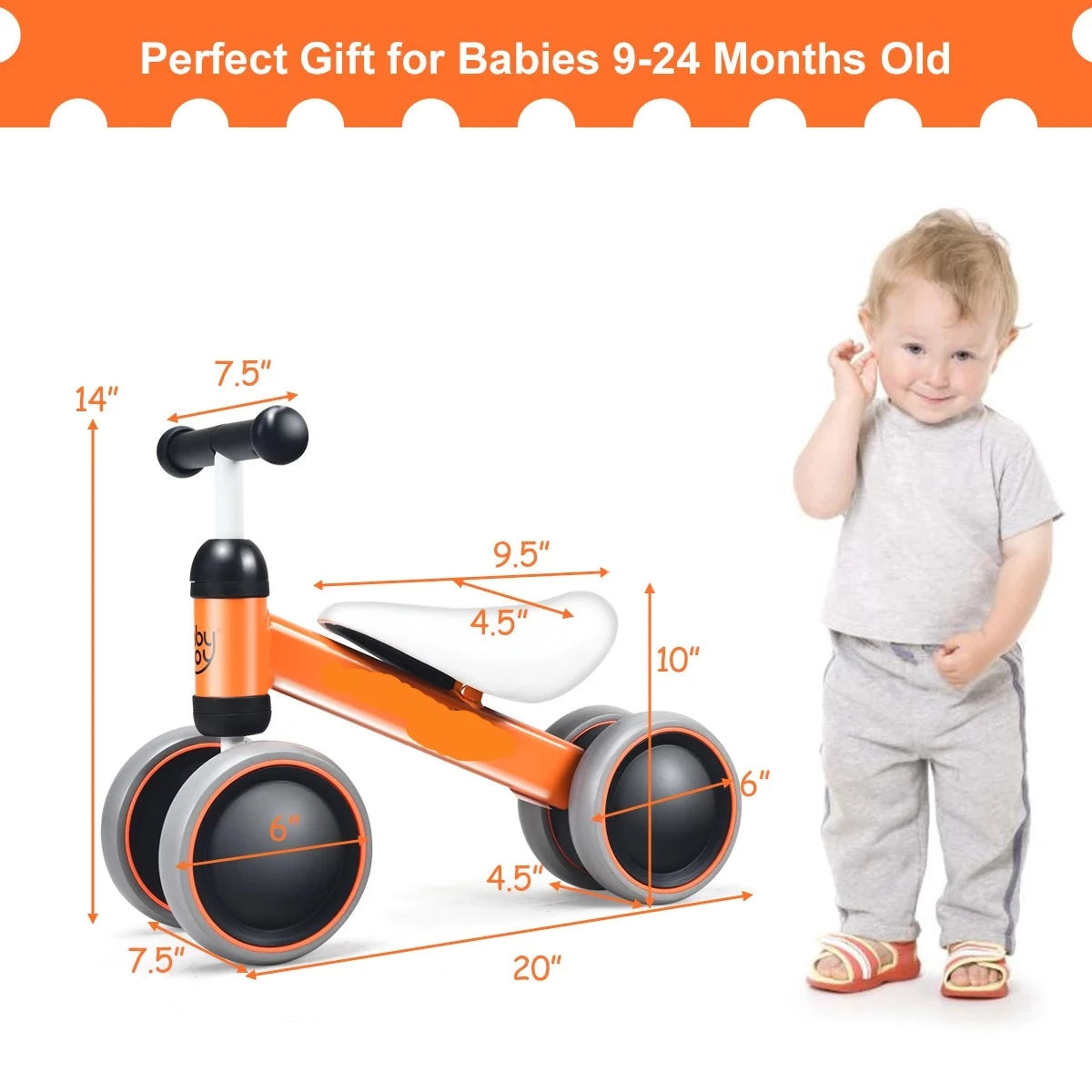 Baby No-Pedal 4-Wheel Orange Balance Learning Bike childrensterritory