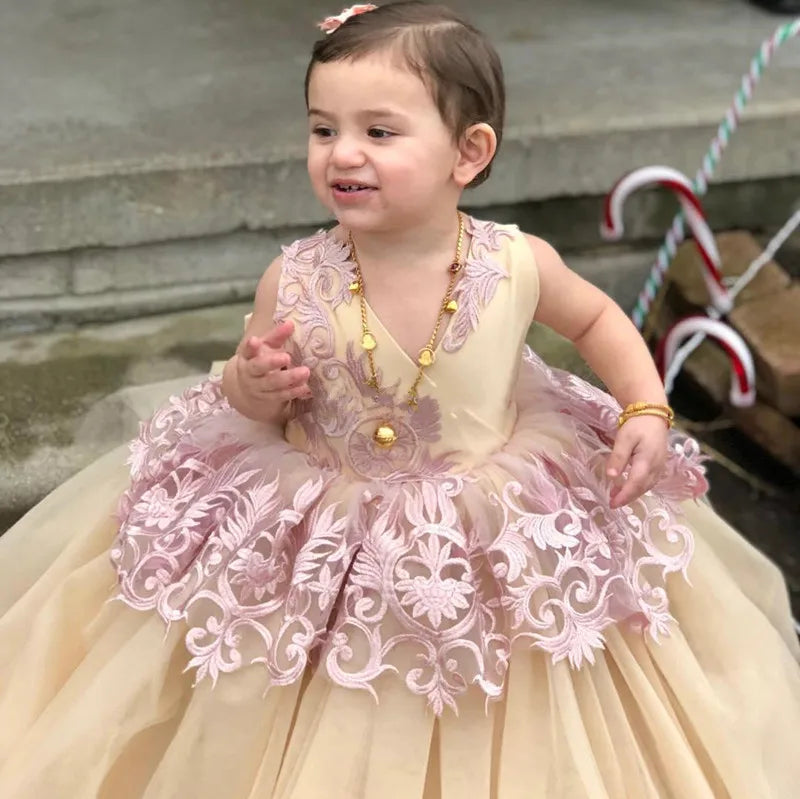 Lace Appliques V-Neck Puffy Tutu Princess Party Dress for Little Girls