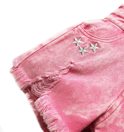 Kids Girls Pink Denim Suspender Shorts and White Top Clothing Set childrensterritory