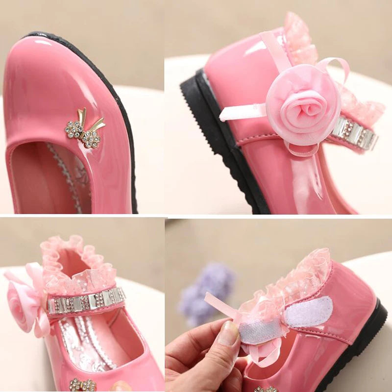 Kids Girls Cute Bowknot And Flower Design Leather Shoes childrensterritory