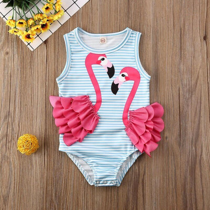 Toddler Girl Ruffle Flamingo Print Sleeveless Swimsuit childrensterritory
