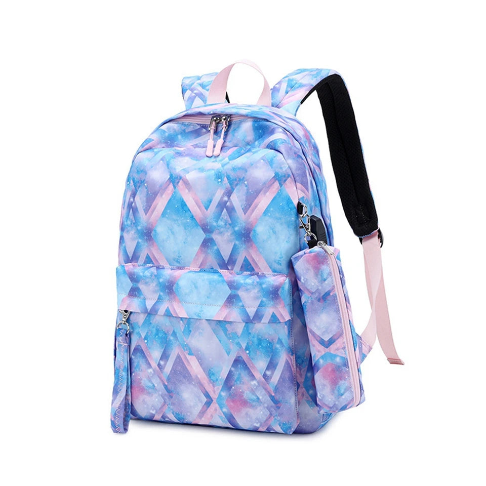 Printed Canvas 3-in-1 School Backpack with USB For Girls