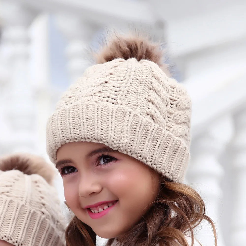 Mother Kids Matching Knitting Pom Bobble Hat/Beanie