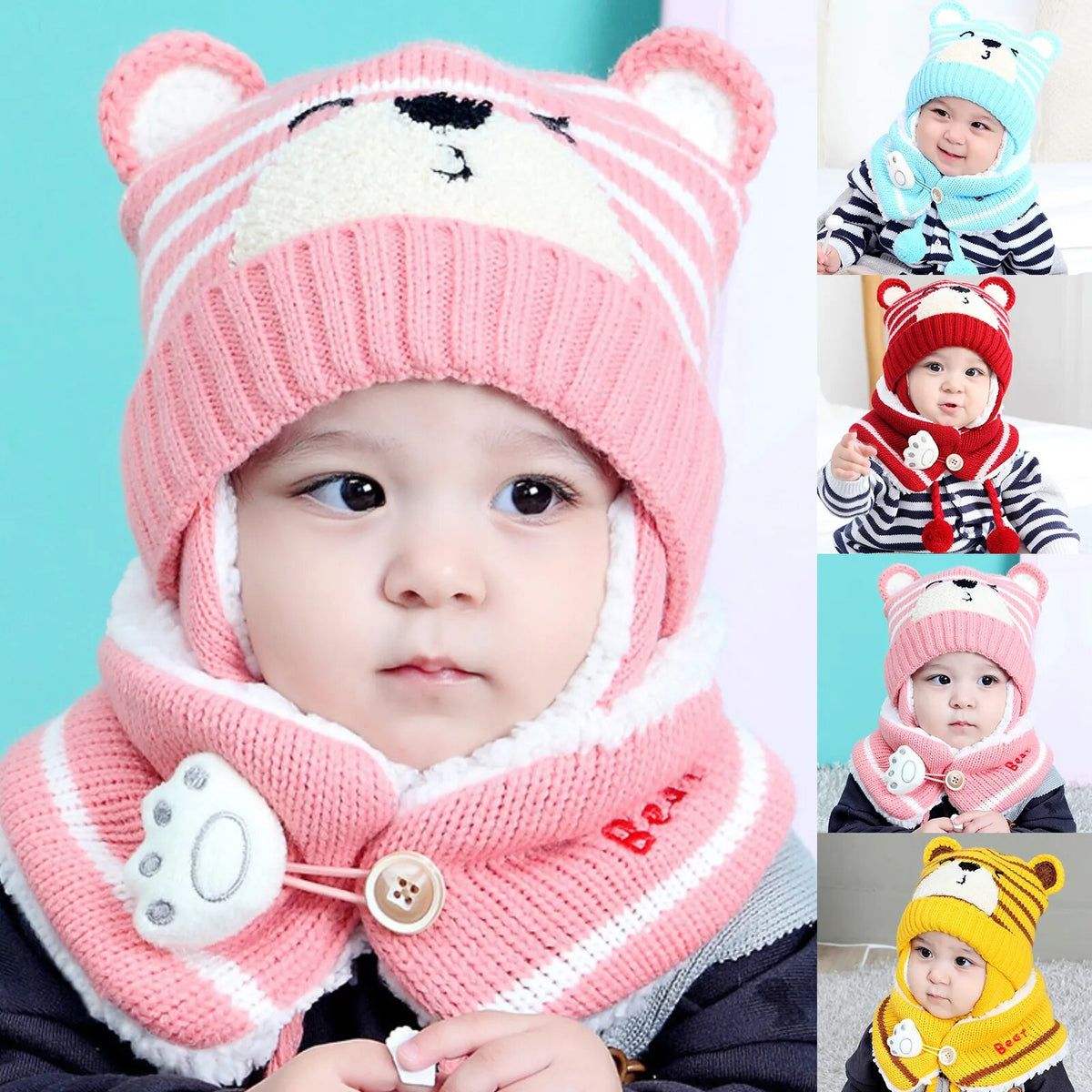 Cartoon Bear Striped Knit Woolen Scarf Cap for Baby childrensterritory