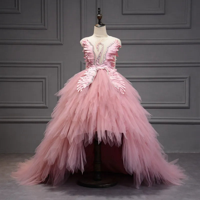 Kids Girls Elegant Crystal Swan Design Pageant Dress with Trail childrensterritory