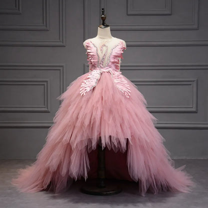 Kids Girls Elegant Crystal Swan Design Pageant Dress with Trail childrensterritory