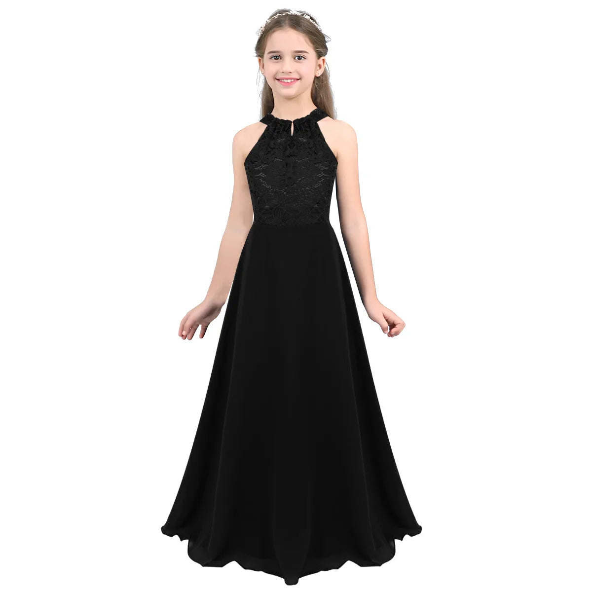 Kids Girls Halter Lace Design Chiffon Long Prom Ball Gowns