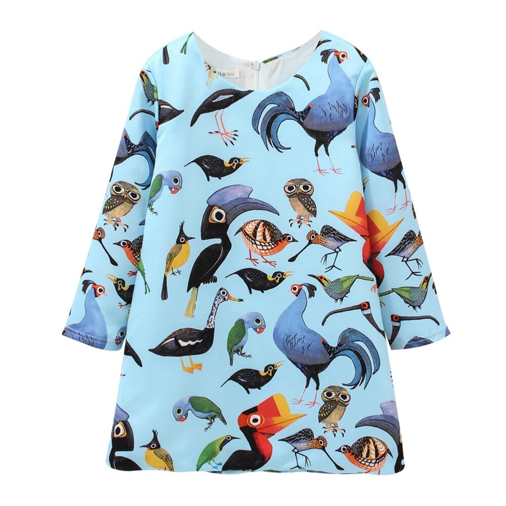 Flower Birds Printing Long Sleeve Princess Girl Dresses childrensterritory