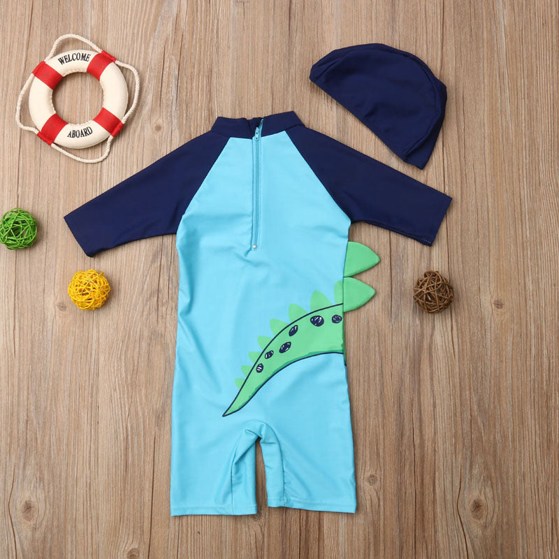 Cartoon Print Kid Boy Rash Guard Swim Suit with Hat childrensterritory