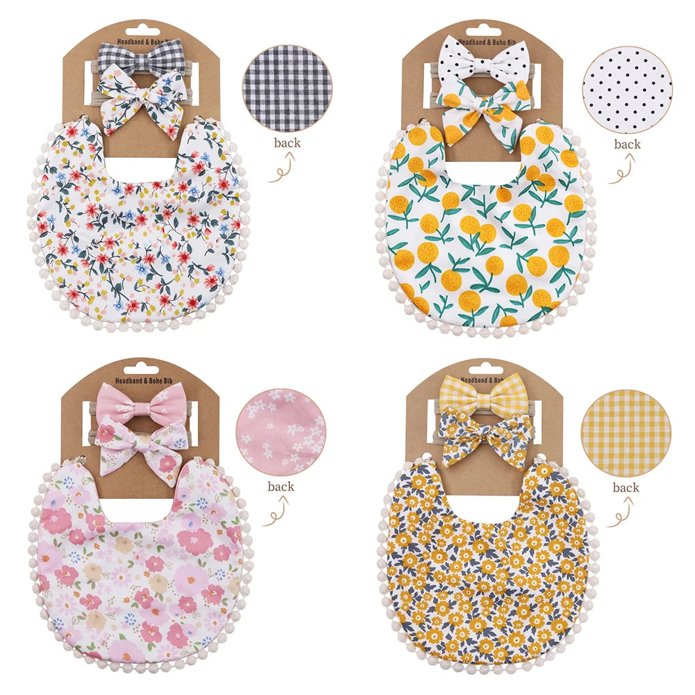 4Sets/Lot Floral Infant Burp Clothes with Bow Tie Headband childrensterritory
